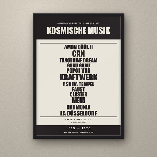 Kosmische Musik 1969–1976 signed A3 Krautrock gig poster print in a black Nielsen aluminium frame
