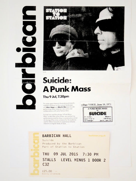 Concert ticket and programme flyer for "Suicide: A Punk Mass" at Barbican Hall, London, 9 July 2015, part of the Station to Station happening, featuring a black and white photo of Alan Vega and Martin Rev.
