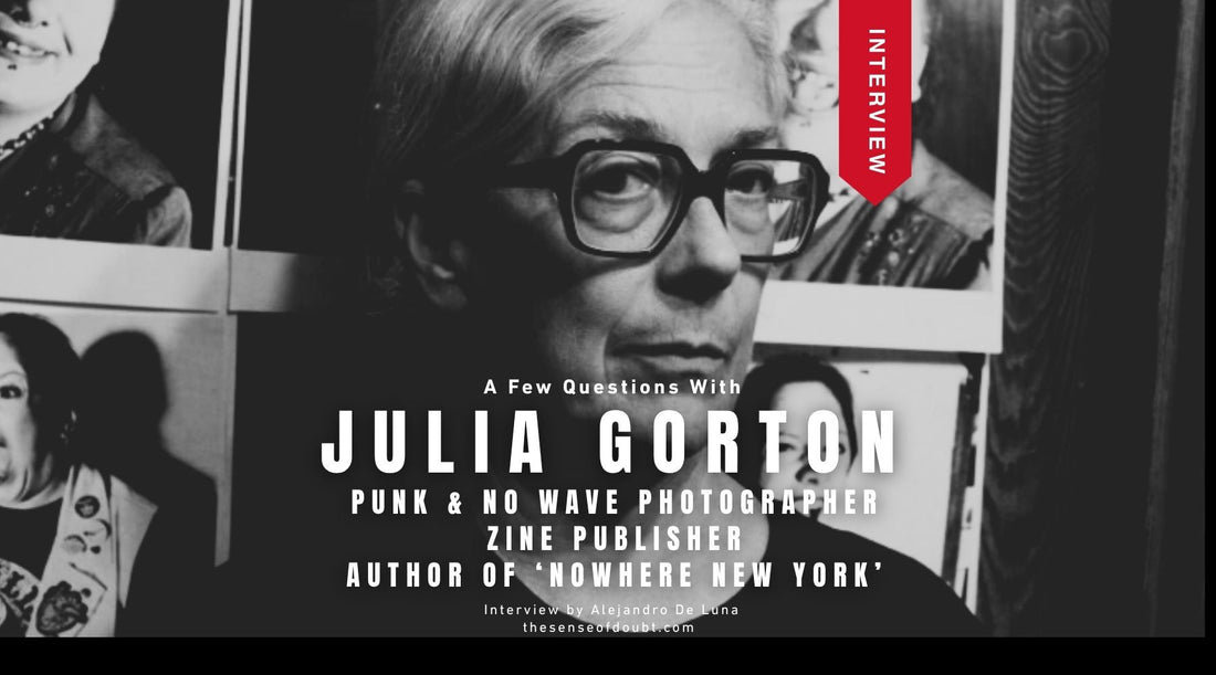 Black and white portrait of Julia Gorton in glasses, with the interview title 'A Few Questions With Julia Gorton' in white type
