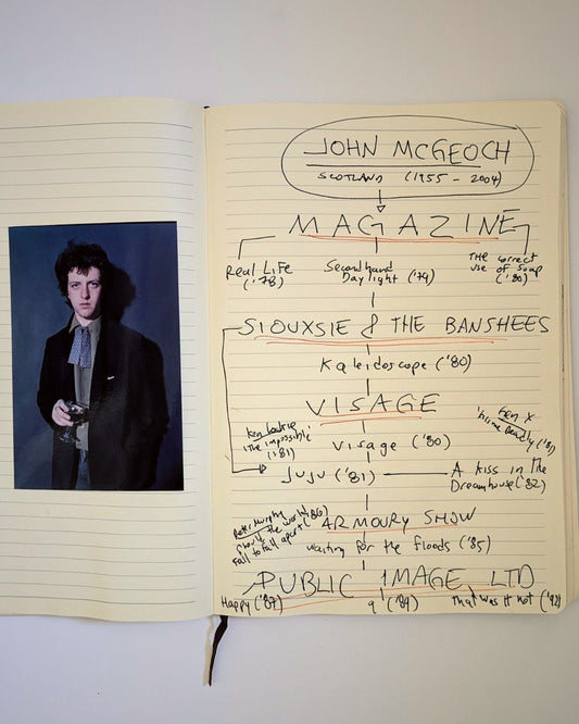 Hand-drawn notebook page by Alejandro De Luna mapping John McGeoch's career across Magazine, Siouxsie and the Banshees, Visage, Armoury Show and Public Image Ltd.