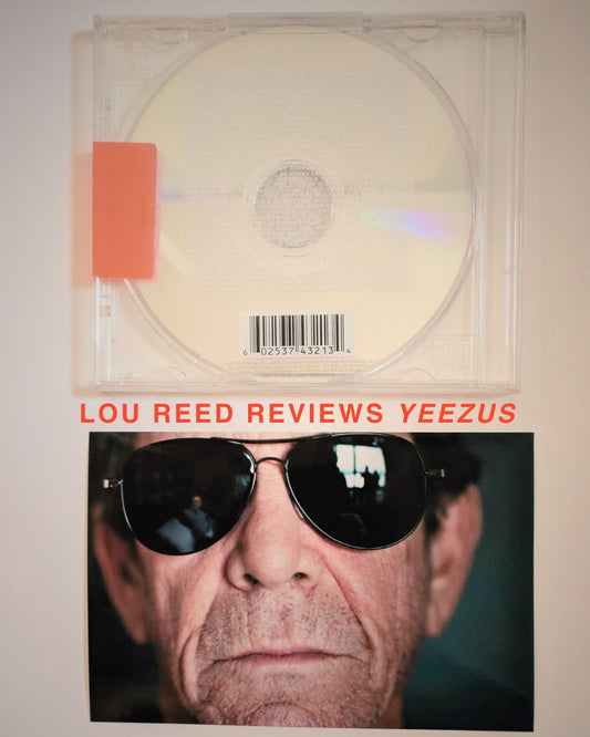 Side-by-side portraits of Lou Reed and Kanye West, the two artists linked by Reed's 2013 Yeezus review.