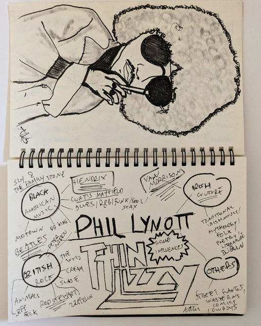 Hand-drawn sketch of Phil Lynott next to a handwritten notebook page mapping his musical and cultural influences