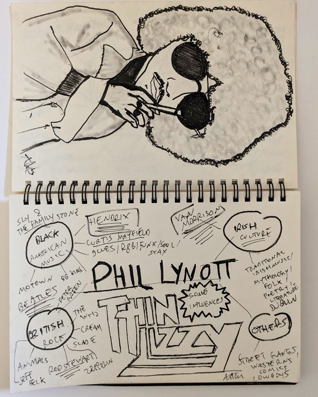 Hand-drawn sketch of Phil Lynott next to a handwritten notebook page mapping his musical and cultural influences