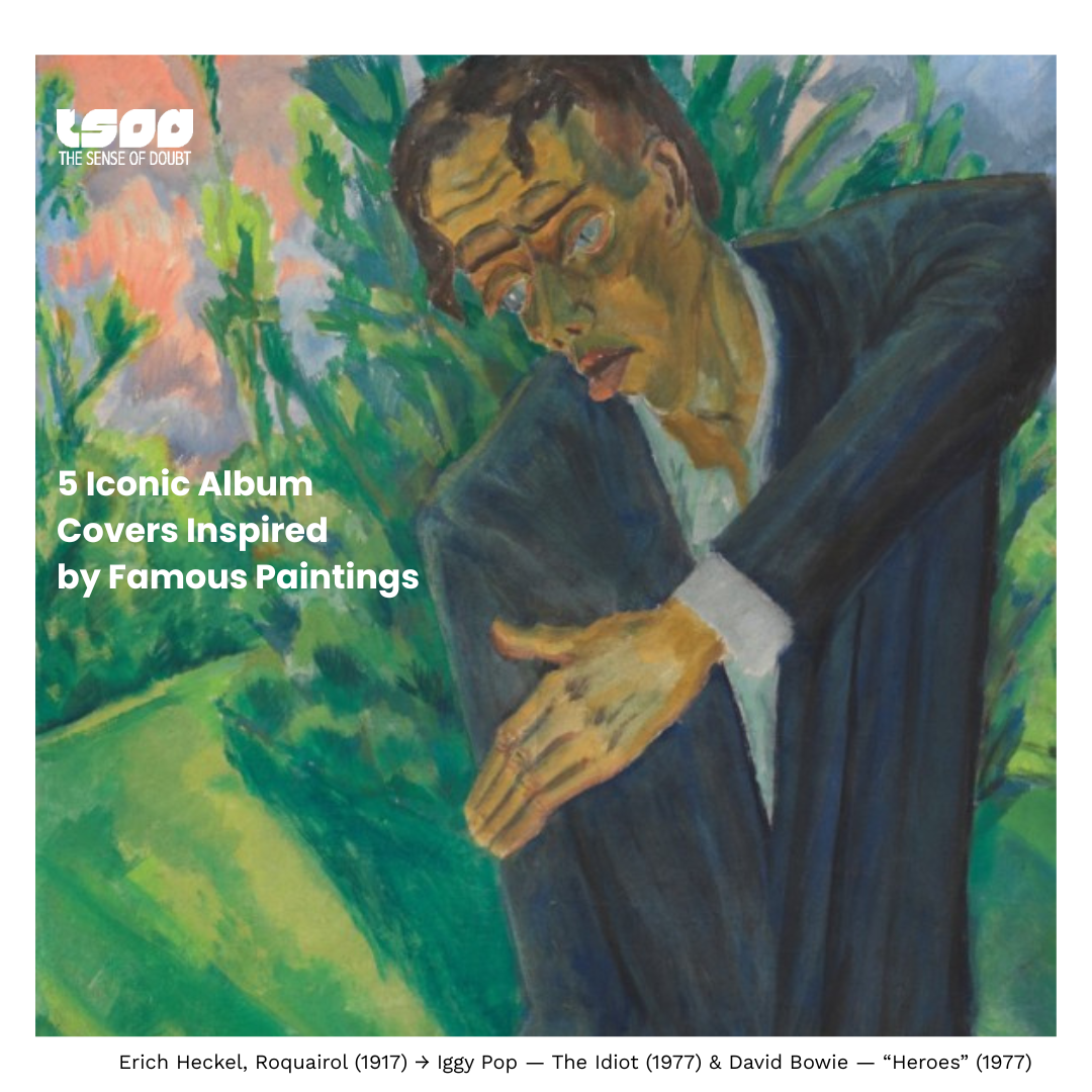 Iggy Pop's "The Idiot" and David Bowie's "Heroes" album covers side by side with Erich Heckel's 1917 painting "Roquairol," showing the shared angular pose.