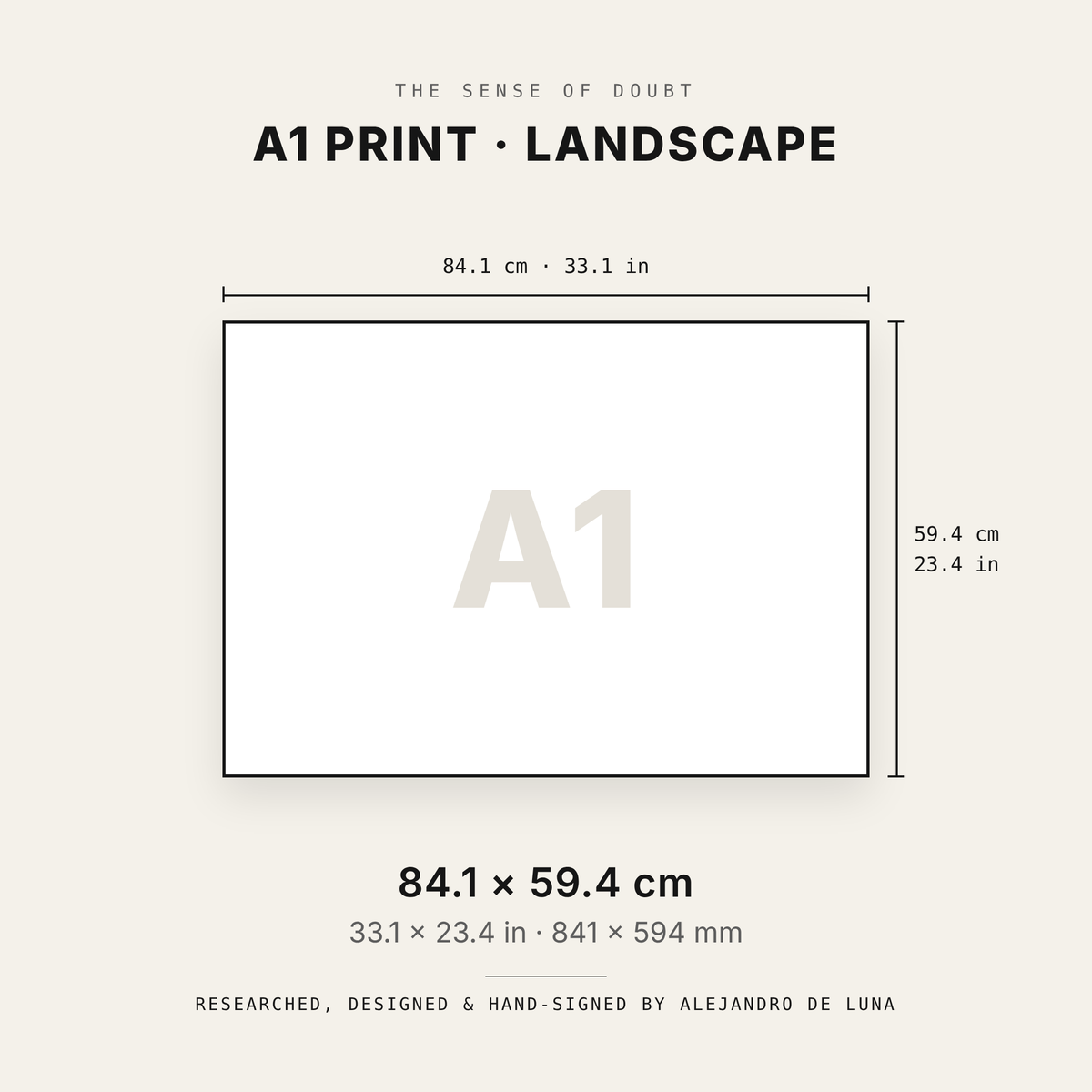 A1 landscape print size guide: 84.1 × 59.4 cm / 33.1 × 23.4 in. Researched, designed & hand-signed by Alejandro De Luna