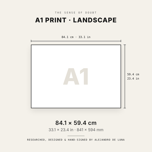 A1 landscape print size guide: 84.1 × 59.4 cm / 33.1 × 23.4 in. Researched, designed & hand-signed by Alejandro De Luna