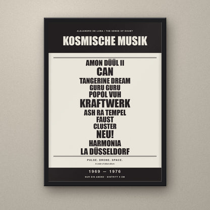 Kosmische Musik 1969–1976 signed A3 Krautrock gig poster print in a black Nielsen aluminium frame