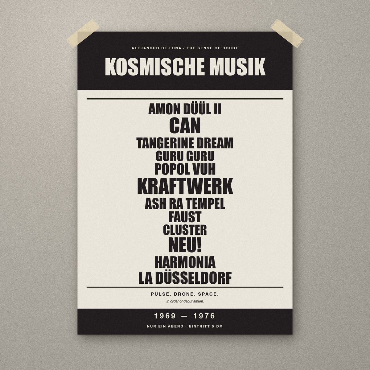 Kosmische Musik 1969–1976 signed A3 Krautrock gig poster print, unframed, taped to a wall