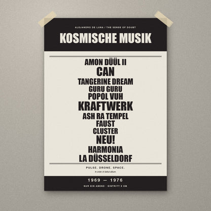 Kosmische Musik 1969–1976 signed A3 Krautrock gig poster print, unframed, taped to a wall