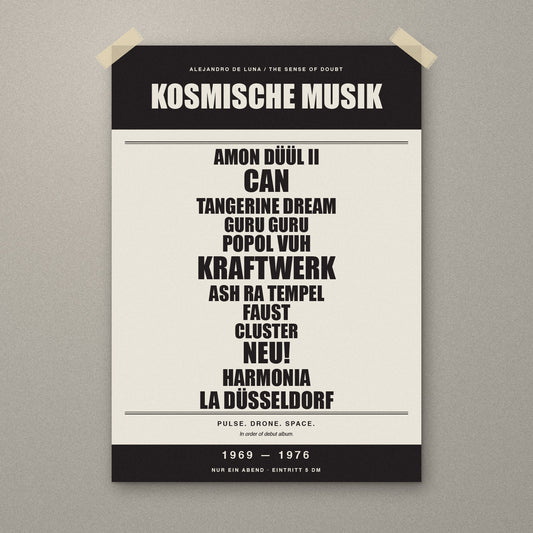 Kosmische Musik 1969–1976 signed A3 Krautrock gig poster print, unframed, taped to a wall