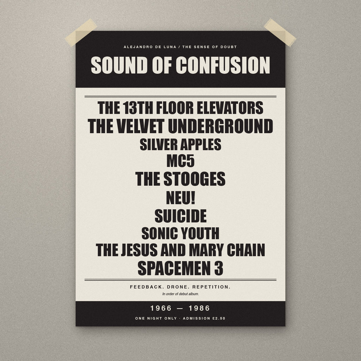 Sound of Confusion 1966–1986 signed A3 gig poster print, unframed, taped to a wall