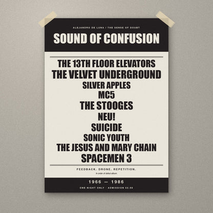 Sound of Confusion 1966–1986 signed A3 gig poster print, unframed, taped to a wall