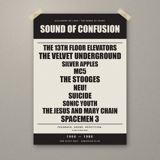 Sound of Confusion 1966–1986 signed A3 gig poster print, unframed, taped to a wall