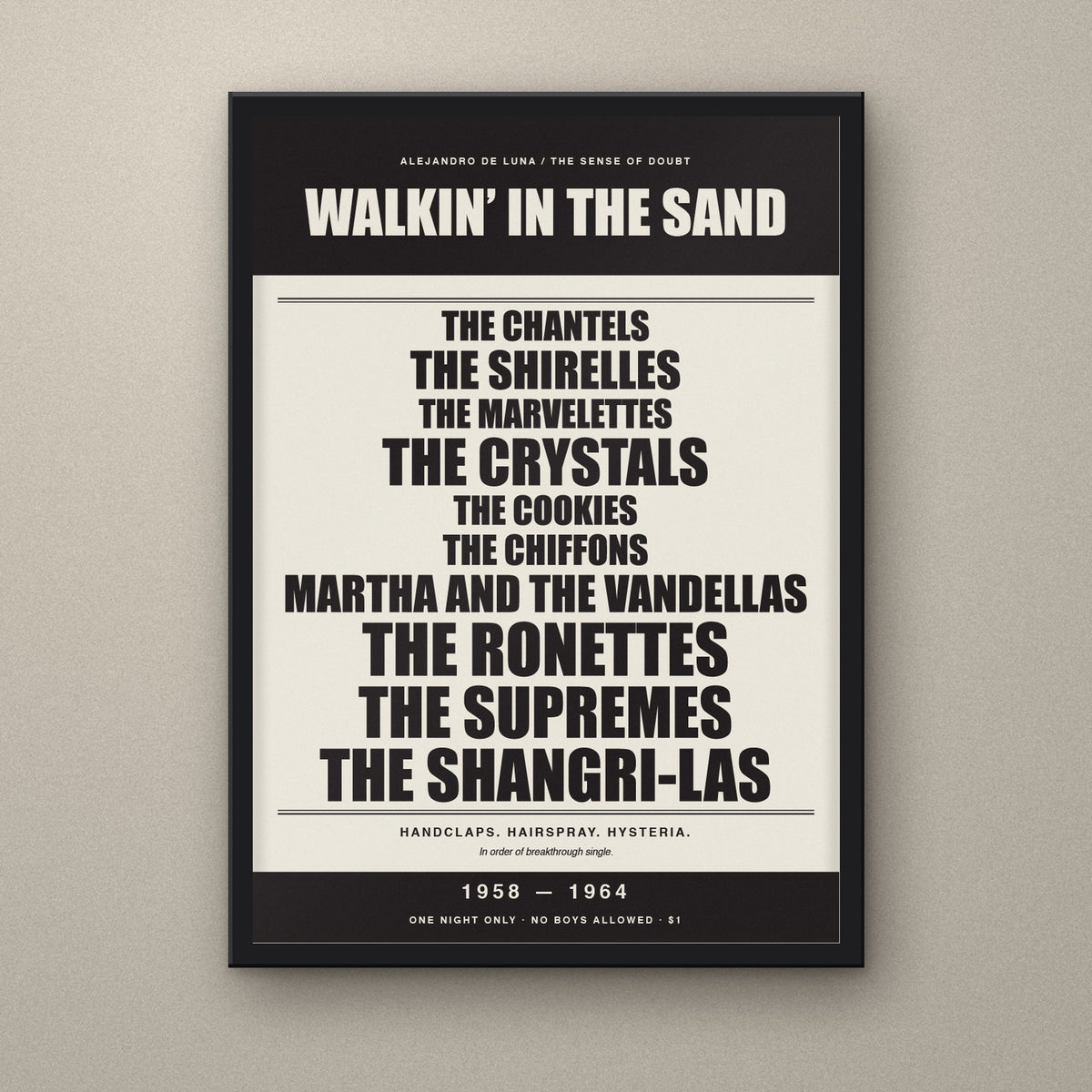 Walkin' in the Sand 1958–1964 signed A3 gig poster print in a black Nielsen aluminium frame